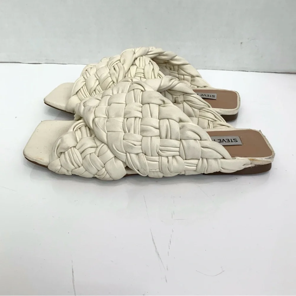 STEVE‎ MADDEN Sz 6.5 Ivory Marina Square Toe Chunky Woven Slip On Slide Sandals